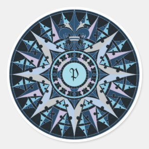 Sticker Rond Dessin d'art, antique boussole rose, ajouter monog