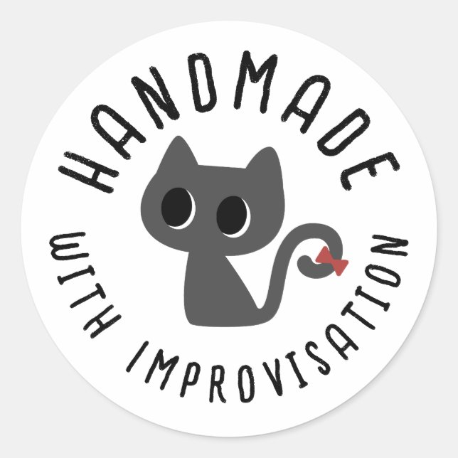 Sticker Rond Dessin de chat noir mignon fait main avec improvis (Devant)