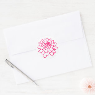 Sticker Rond Dessin de Chrysanthème - Rouge Néon sur Fond Blanc