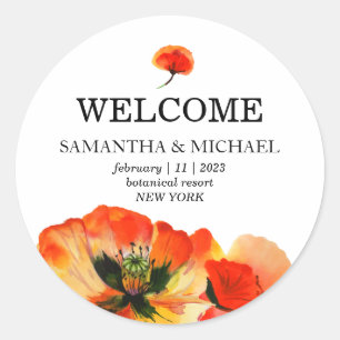 Sticker Rond Dessin de Fleur de Pavot Rouge Bienvenue Mariage