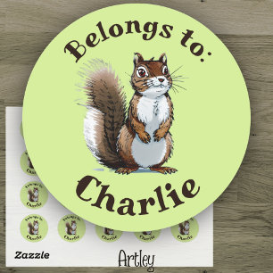 Sticker Rond Dessin d'écureuil vert mignon Nom personnalisé Éti