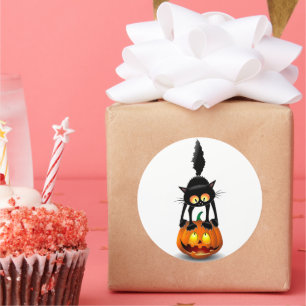 Sticker Rond Dessin d'Halloween au chat effrayé sur Citrouille