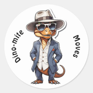 Sticker Rond Dessin du cool T-Rex en costume avec Casquette