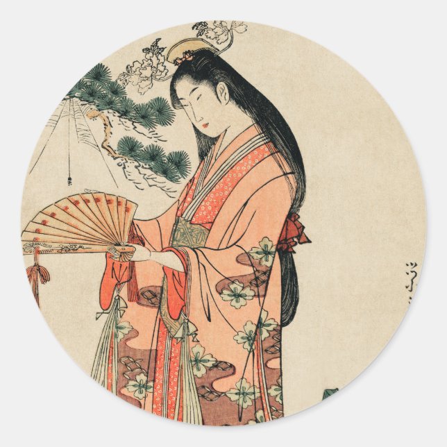 Sticker Rond Dessin en bois japonais ancien avec femme (Devant)
