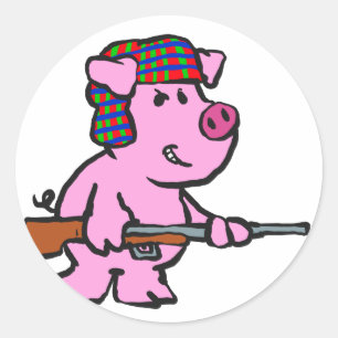 Sticker Rond Dessin humoristique de chasseur de cochons  choisi
