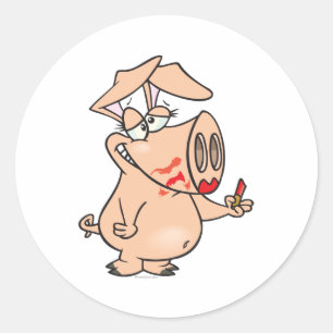 Sticker Rond dessin humoristique de cochon de rouge à lèvres 