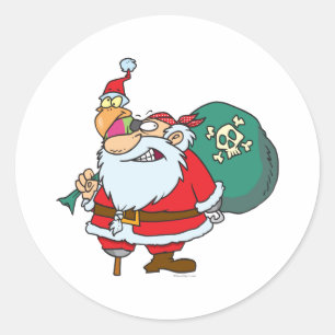 Sticker Rond dessin humoristique de pirate père Noël et xmas pe