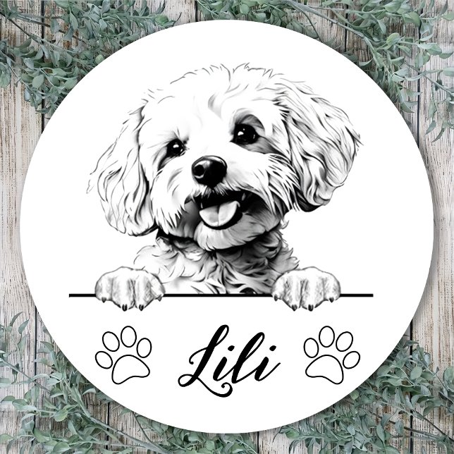 Sticker Rond Dessin personnalisé de Bichon Frise à la main (Créateur téléchargé)