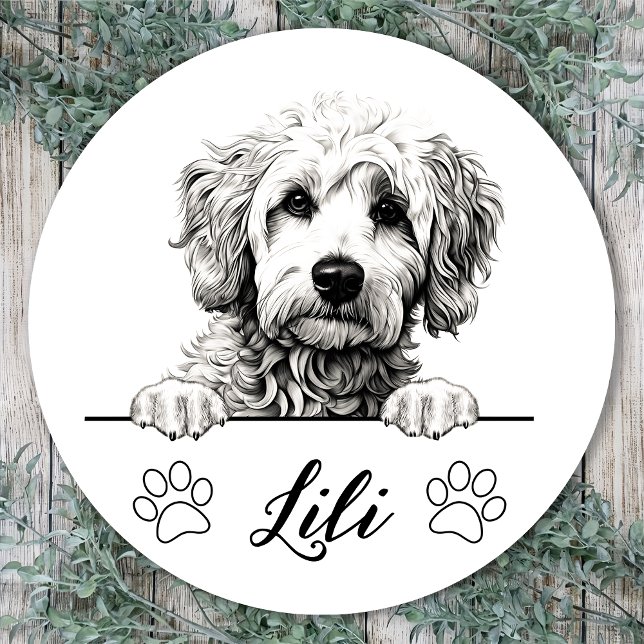 Sticker Rond Dessin personnalisé de chien Goldendoodle à la mai (Créateur téléchargé)