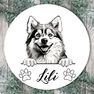 Sticker Rond Dessin personnalisé de chien Pomsky à la main