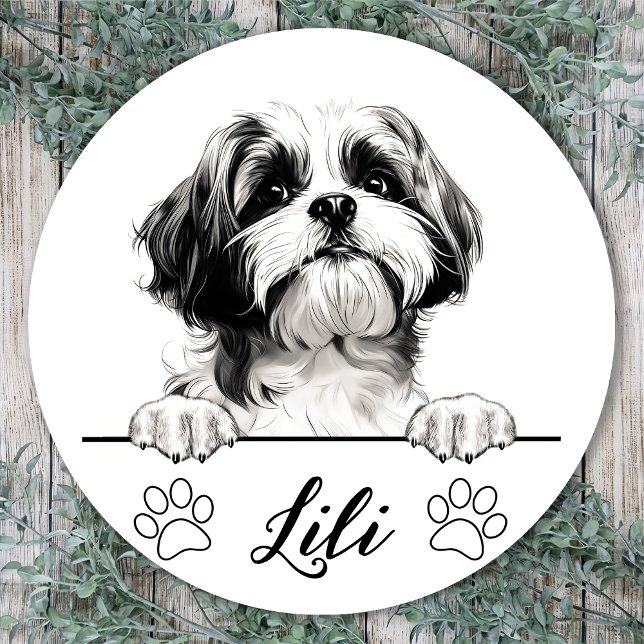 Sticker Rond Dessin personnalisé de chien Shih Tzu (Créateur téléchargé)