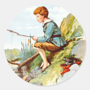 Sticker Rond Dessin vintage : Boy Fishing in a River