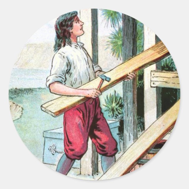 Sticker Rond Dessin vintage : Construction d'un cabine (Devant)
