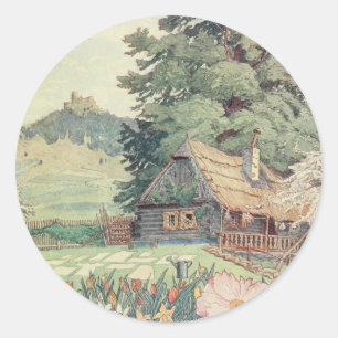 Sticker Rond Dessin vintage : Petit cottage de montagne au
