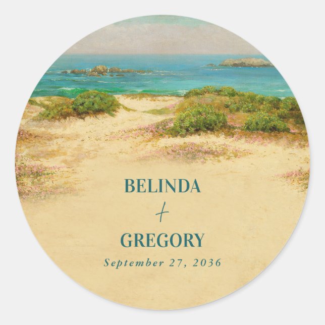 Sticker Rond Destination de mariage de plage côtière à l'aquare (Devant)