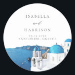 Sticker Rond Destination Skyline SANTORINI GRÈCE<br><div class="desc">La collection Santorini présente des aquarelles de la côte de Santorin avec un élégant mélange classique de polices. Cette collection est parfaite pour votre voyage ou événement à thème de destination.</div>
