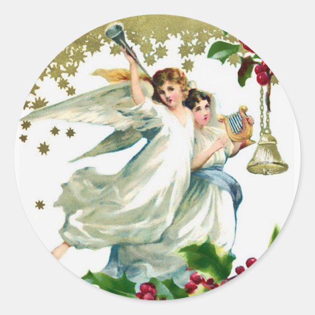Sticker Rond Deux anges avec cloches Noël (Devant)
