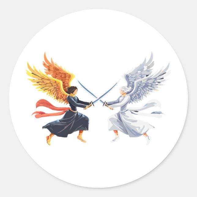 Sticker Rond Deux anges avec une grande épée avec des ailes ouv (Devant)