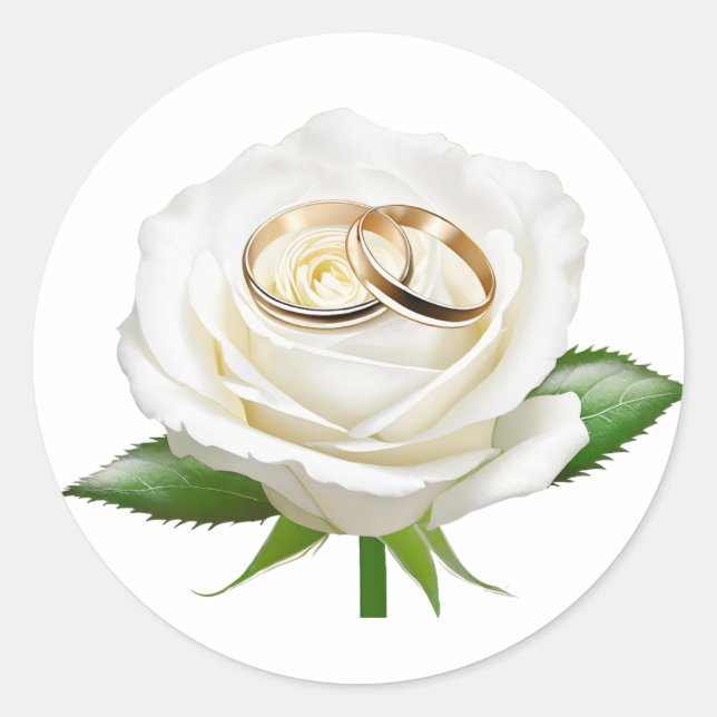 Sticker Rond Deux bagues mariages sur une rose blanche (Devant)
