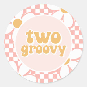 Sticker Rond Deux carrés à pois roses groovy avec des marguerit