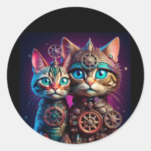 Sticker Rond Deux chatons Steampunk posent