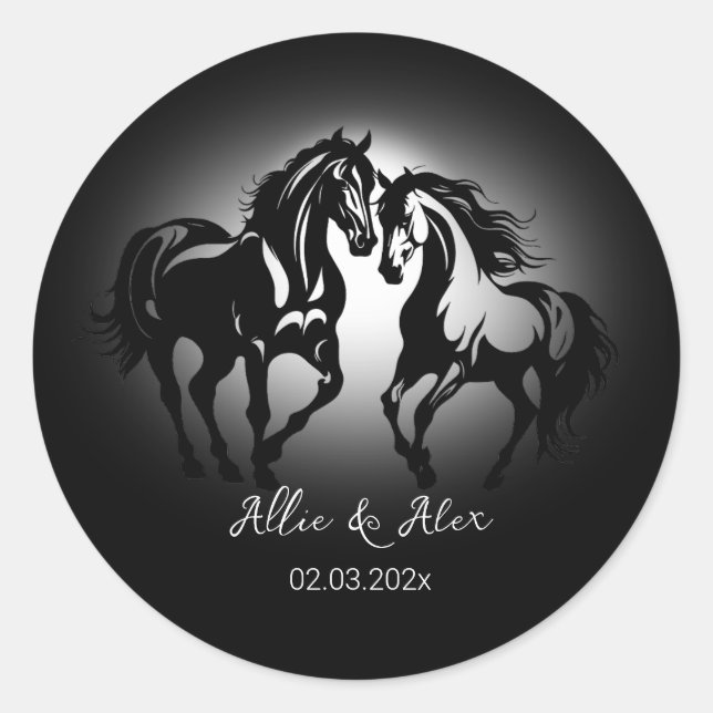 Sticker Rond Deux chevaux en amour noir blanc cheval couple amo (Devant)