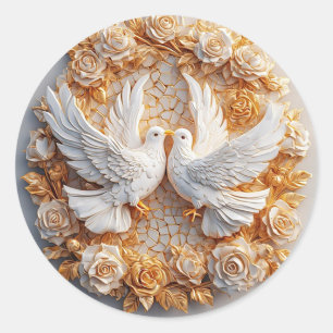 Sticker Rond Deux colombes blanches parmi un motif floral