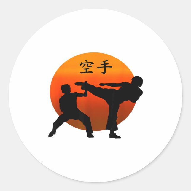 Sticker Rond Deux combattants de karaté avec soleil levant et W (Devant)