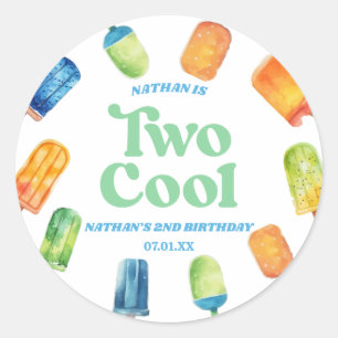 Sticker Rond Deux Cool Blue Retro Popsicle 2e fête d'anniversai