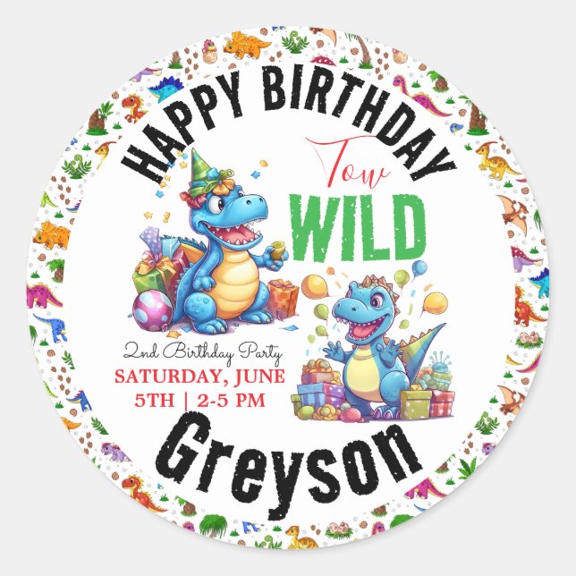 Sticker Rond Deux Dino Wild Party Boy Dinosaur 2e anniversaire (Devant)