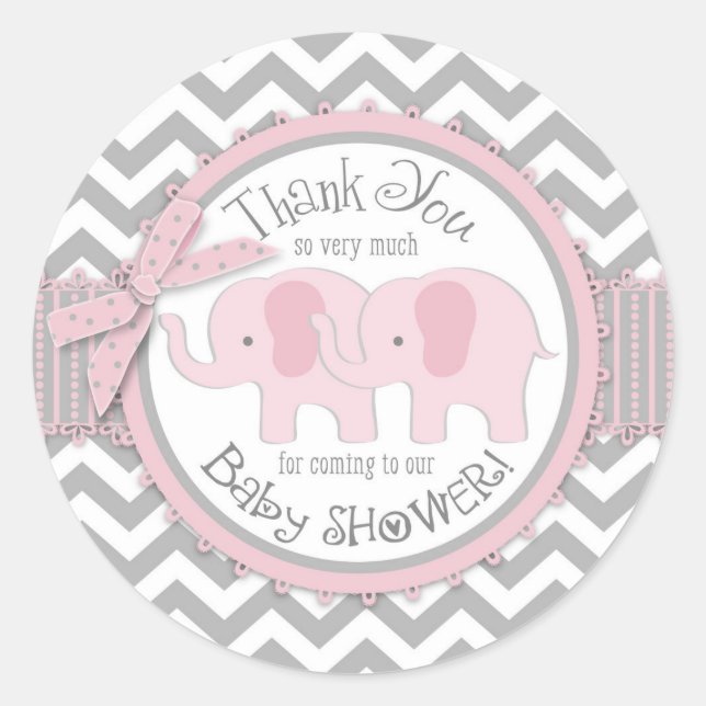 Sticker Rond Deux éléphants roses gris blanc Merci Chevron (Devant)