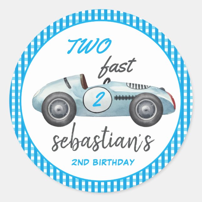 Sticker Rond Deux Fast Blue Race Car 2e Invitation anniversaire (Devant)