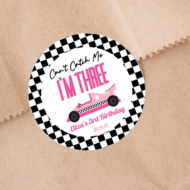 Sticker Rond Deux Fast Pink Race Car 2e fête d'anniversaire (Créateur téléchargé)