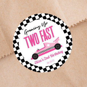 Sticker Rond Deux Fast Pink Race Car 2e fête d'anniversaire