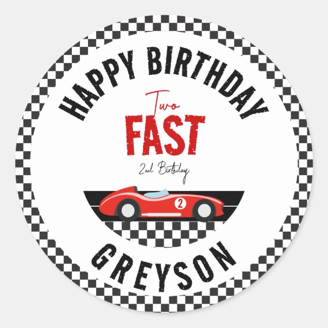 Sticker Rond Deux Fast Race Car Boy 2e fête d'anniversaire (Devant)