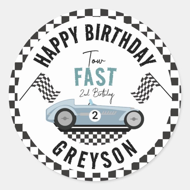 Sticker Rond Deux Fast Race Car Boy 2e fête d'anniversaire (Devant)
