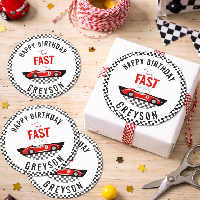 Sticker Rond Deux Fast Race Car Boy 2e fête d'anniversaire (Two Fast Race Car Boy 2nd Birthday Party Classic Round Sticker
)