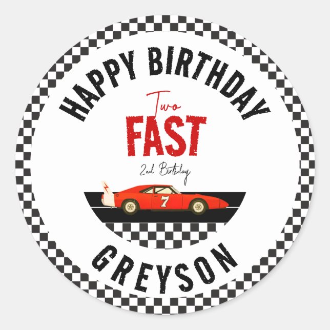 Sticker Rond Deux Fast Race Car Boy 2e fête d'anniversaire (Devant)