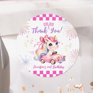 Sticker Rond Deux Fast Race Pink Car Girl 2e fête d'anniversair