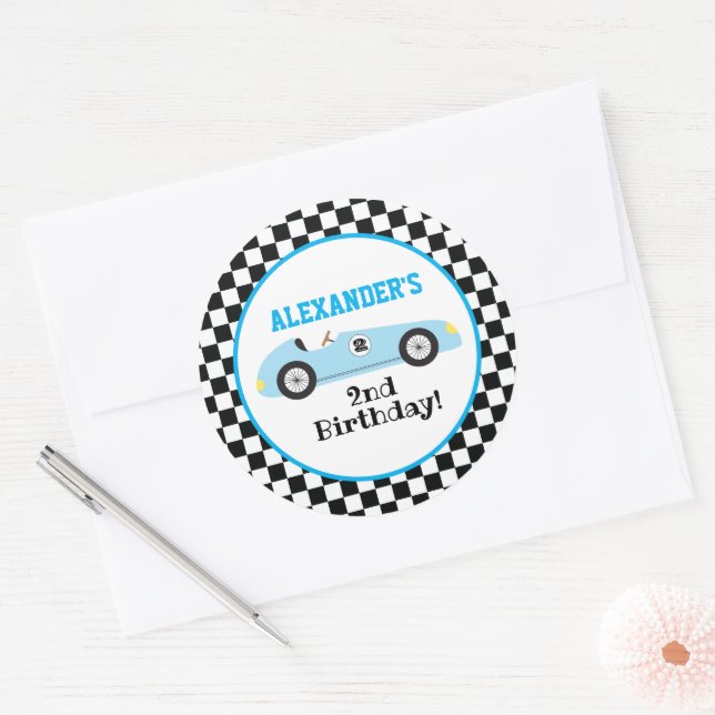 Sticker Rond Deux Fast Racecar Blue Racecar Boy Anniversaire (Enveloppe)
