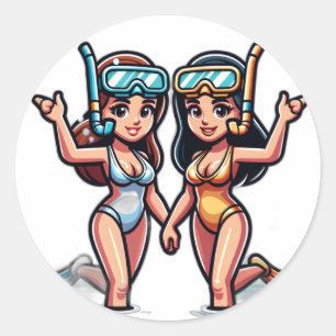 Sticker Rond Deux filles en snorkeling