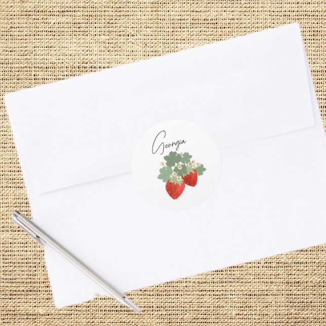Sticker Rond Deux fraises rouges avec feuilles et fleurs | Frui (Créateur téléchargé)