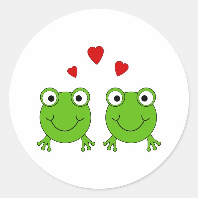 Sticker Rond Deux grenouilles vertes au coeur rouge. (Devant)