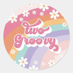 Sticker Rond Deux Groovy Retro Rainbow 2e anniversaire