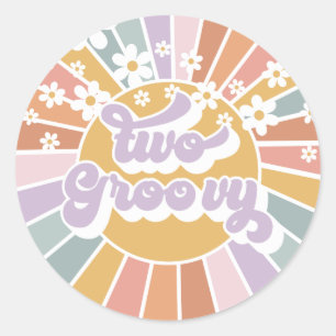 Sticker Rond Deux Groovy Retro Sunshine Rainbow Daisy Classique