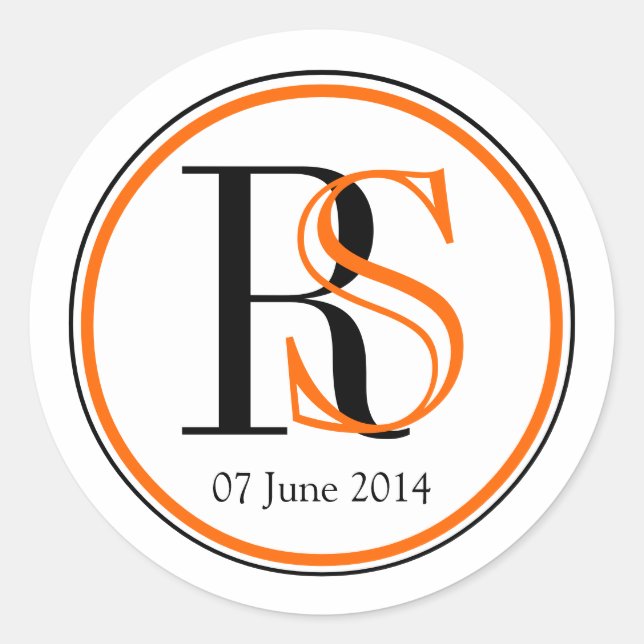 Sticker Rond Deux initiales modernes Mariage noir orange (Devant)