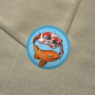 Sticker Rond Deux Koi Carp Friendly nager dans un dessin circul
