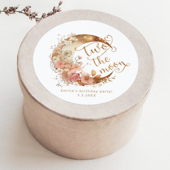 Sticker Rond Deux la lune or rose fille 2e anniversaire fête (Créateur téléchargé)