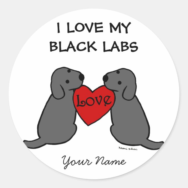 Sticker Rond Deux Labradors Noirs avec Dessin Amour (Devant)
