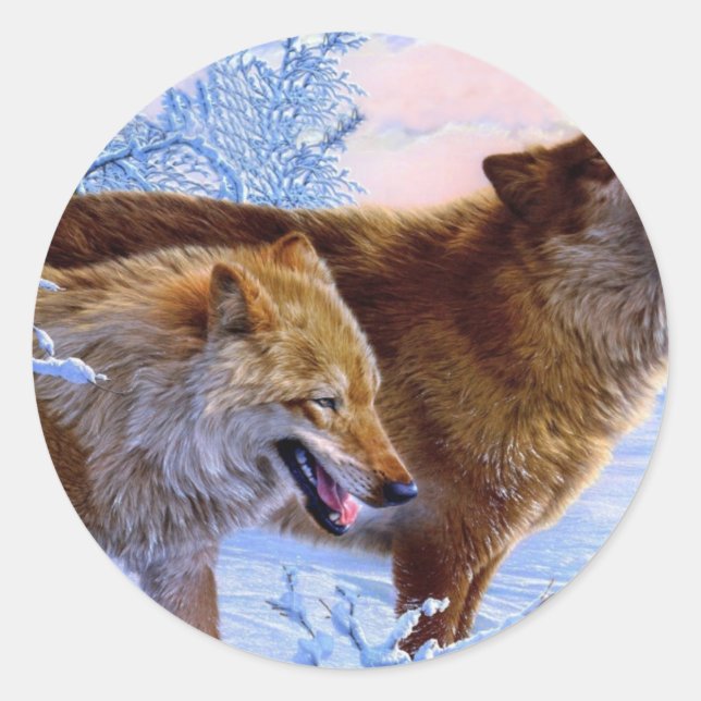 Sticker Rond Deux loups en peinture à la neige (Devant)